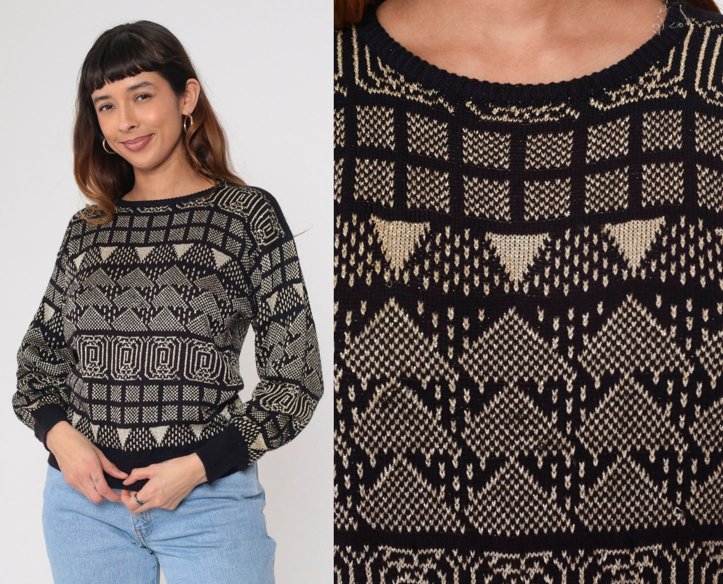 80s Campus Casuals Metallic Geometric Sweater Black Gold Jacquard Small