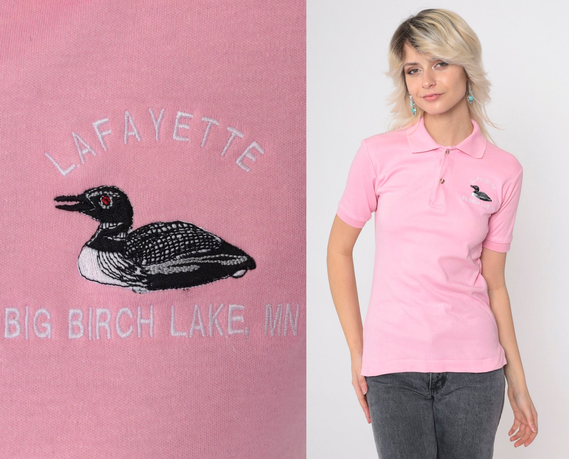 80s King Louie Loon Polo Shirt Lafayette Big Birch Lake Minnesota Baby Pink Extra Small