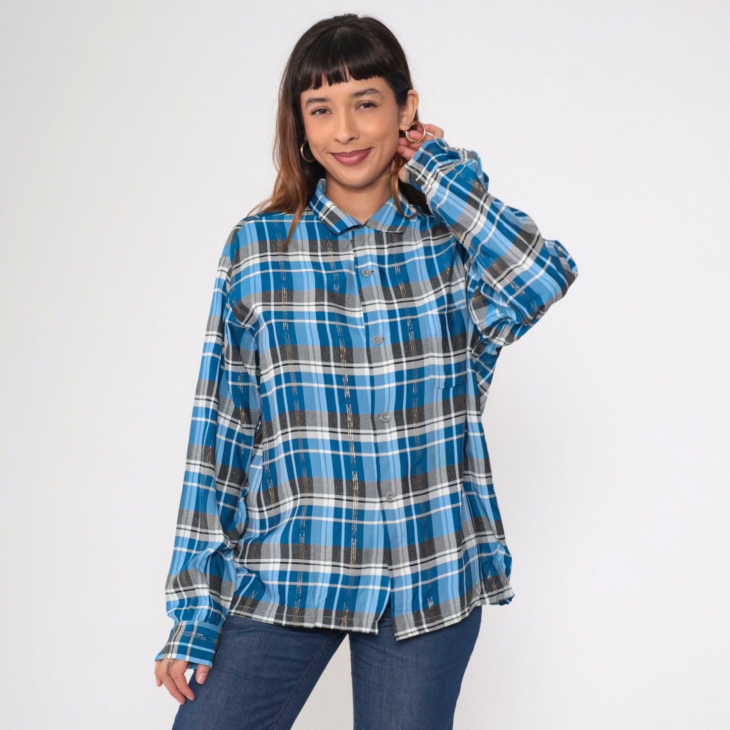 70s Metallic Plaid Blue Button-Up Shirt Pilgrim Western Long Sleeve Large