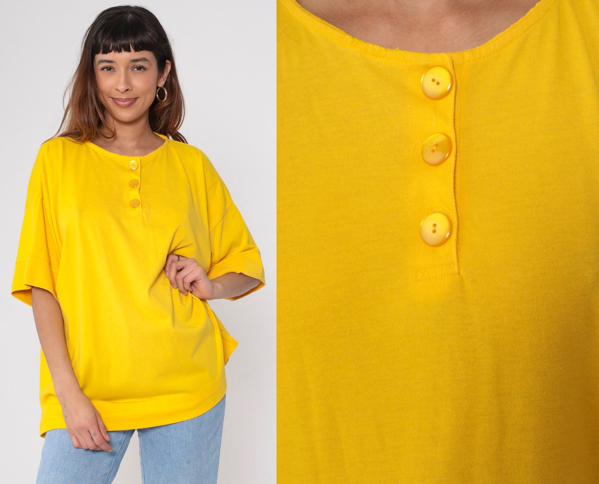 80s Yellow Henley Shirt Short Sleeve Button Up Cotton Blend Plus Size XXL