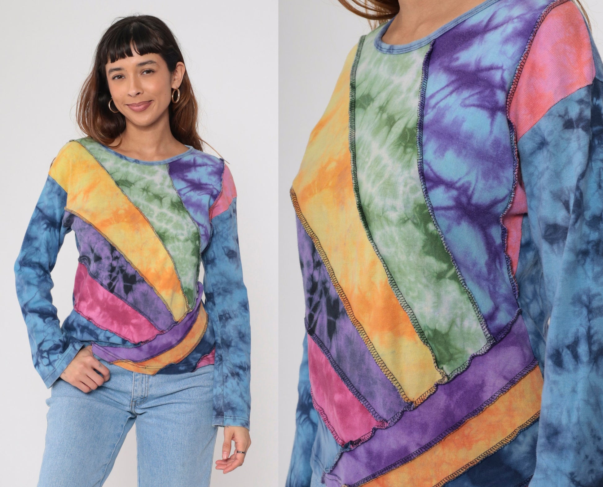 00s Tie Dye Panel Long Sleeve T Shirt Blue Green Yellow Purple Cotton Medium