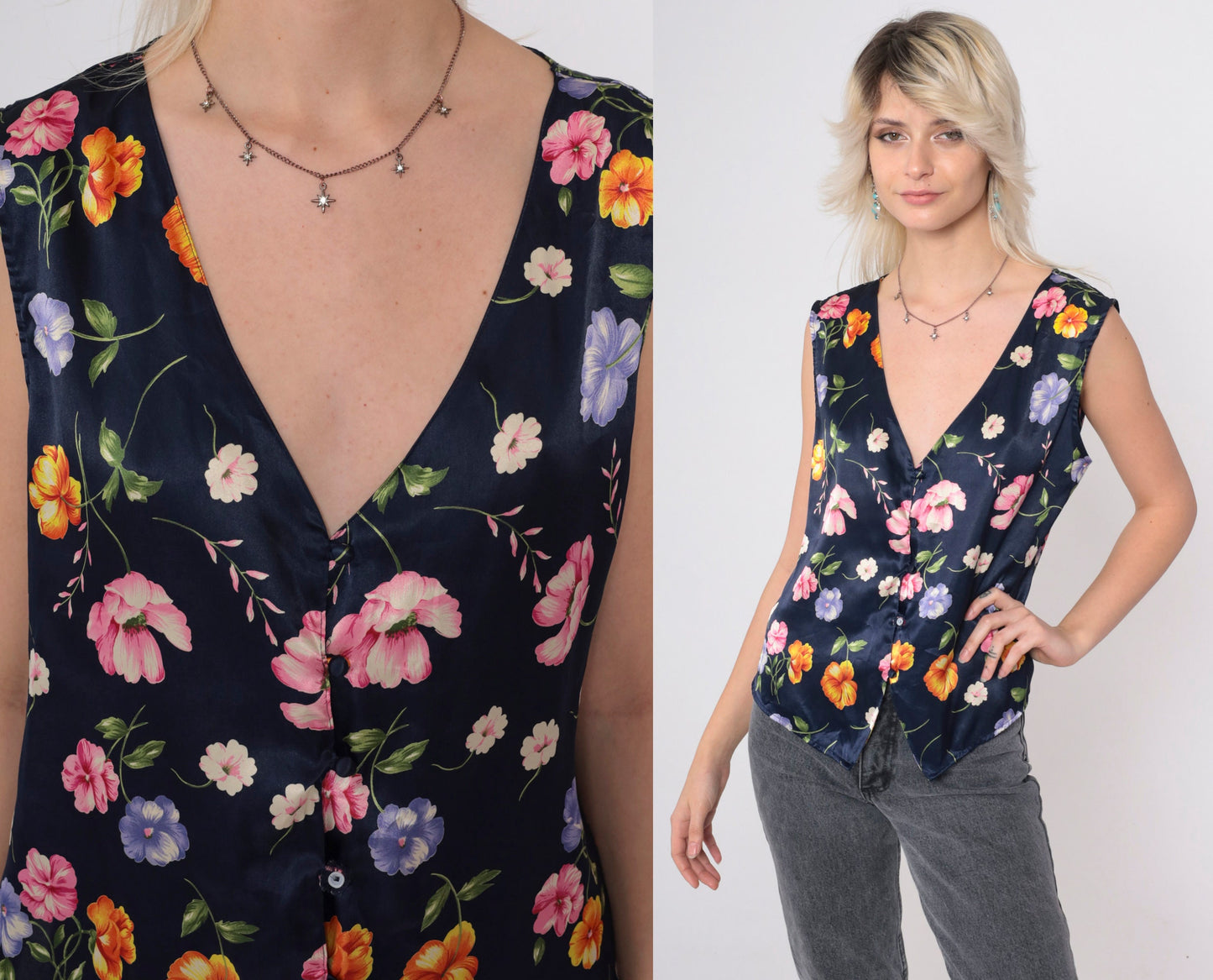 90s Navy Satin Floral Pajama Tank Top V-Neck Button-Up Sleep Shirt Medium