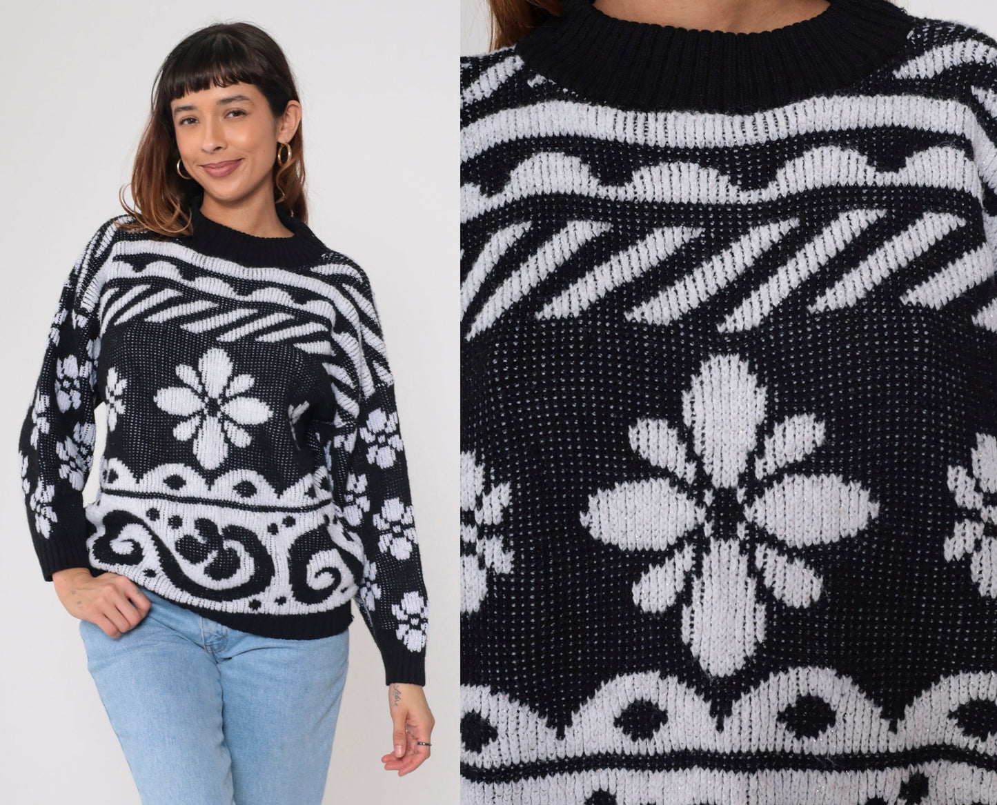 80s Black White Metallic Floral Knit Sweater Glitter Swirl Pullover Large L