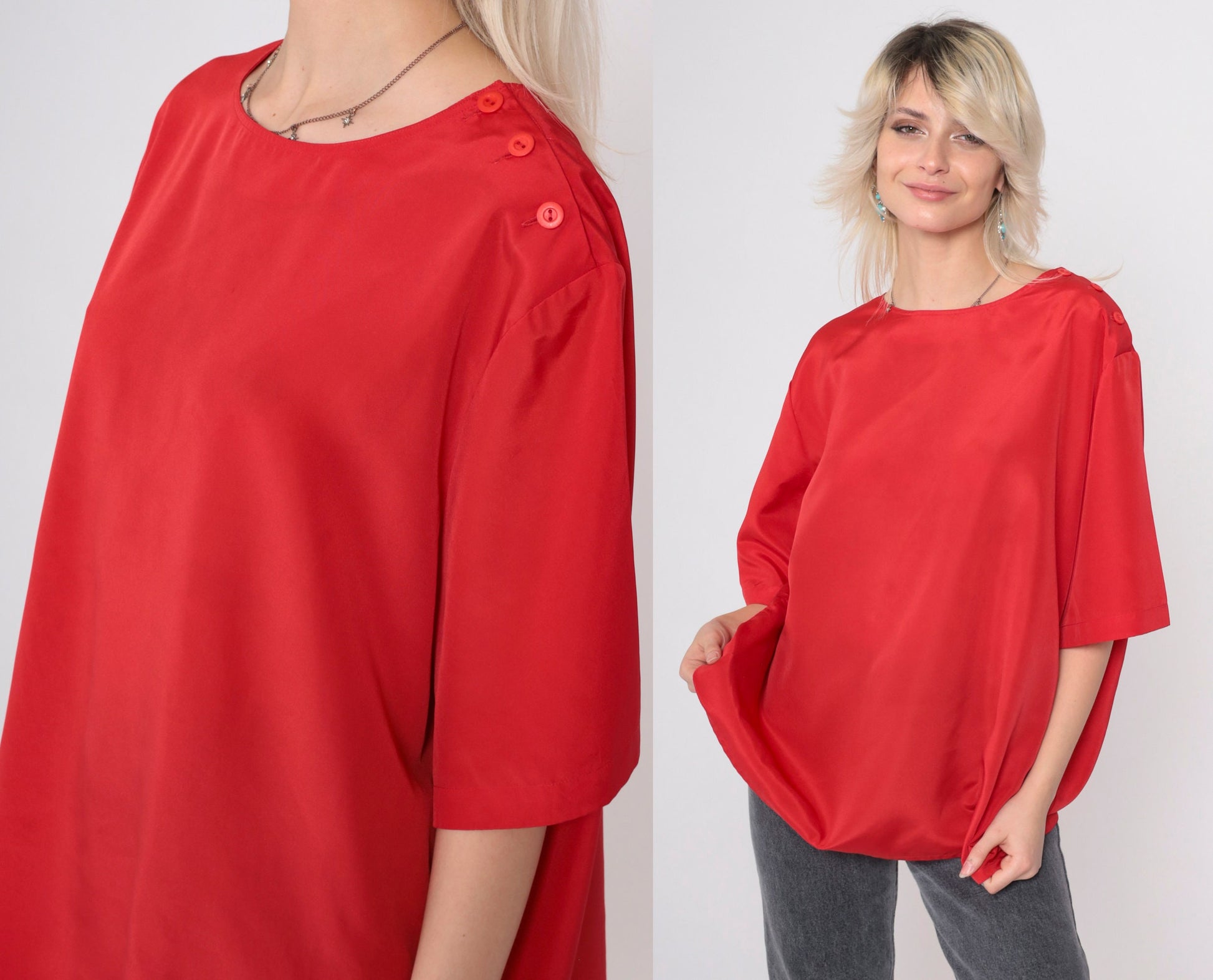 90s Koret Red Silky Blouse Short Sleeve Button Shoulder Plus Size XXL
