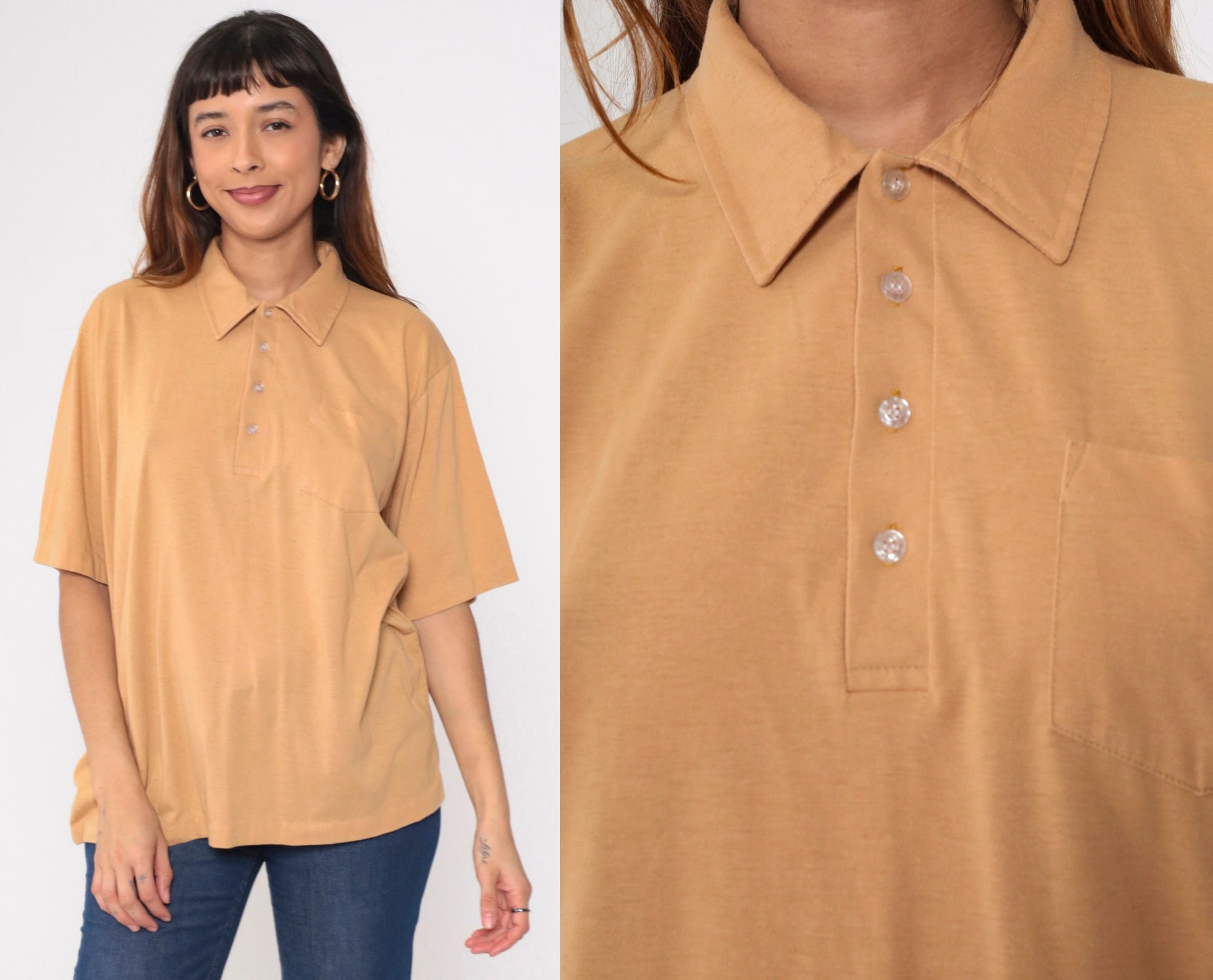 70s Light Brown Polo Shirt Button-Up Short Sleeve Collared Men's XL