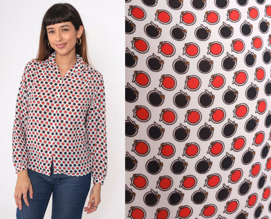 70s Circle Belt Print Button-Up Blouse Polka Dot Red Black White Medium