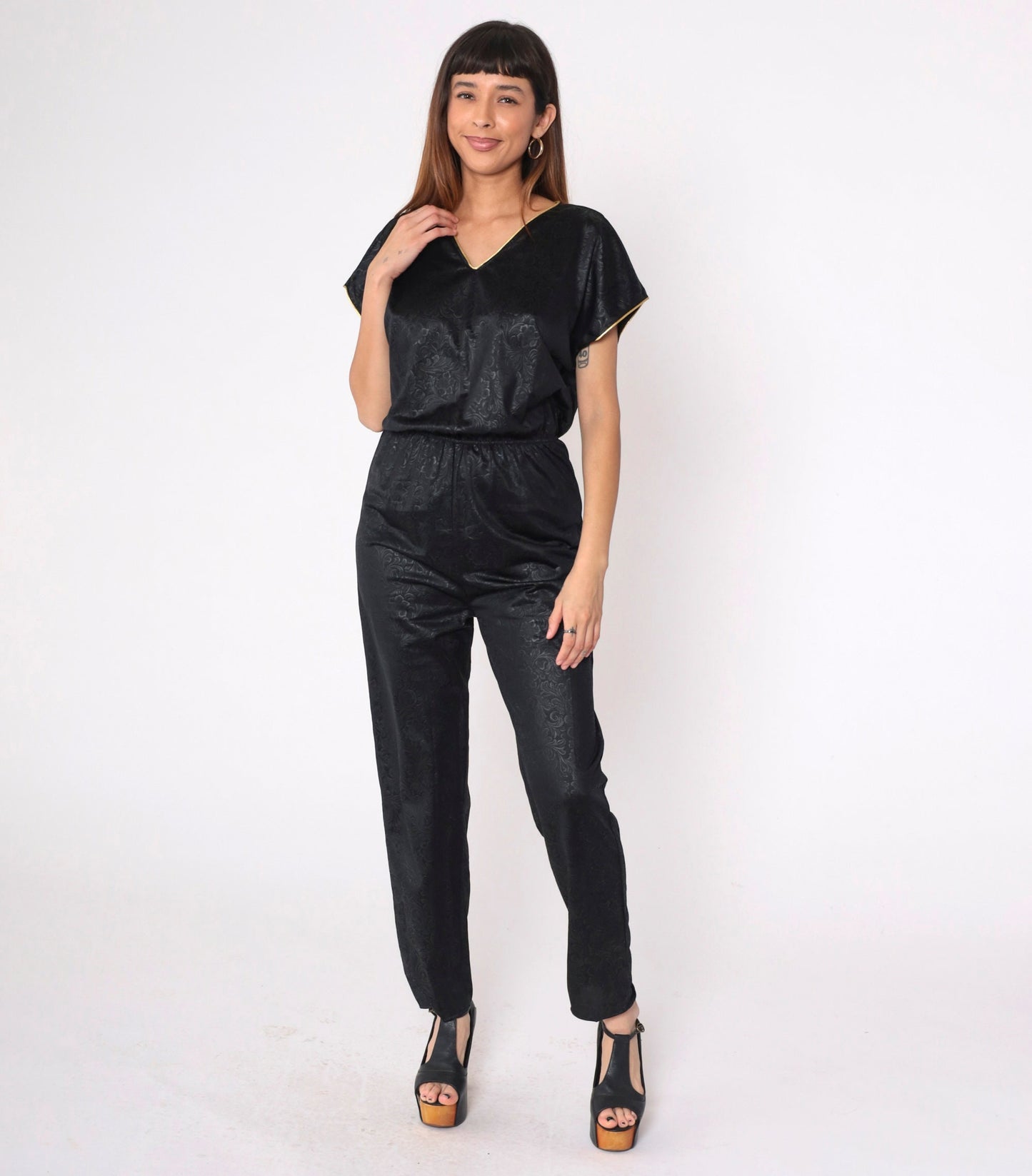 80s Black Floral Jumpsuit Gold Trim V-Neck Tapered High Waisted Small