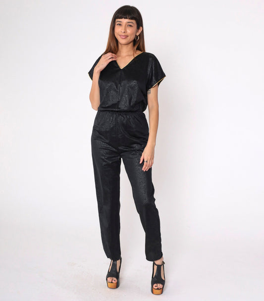 80s Black Floral Jumpsuit Gold Trim V-Neck Tapered High Waisted Small