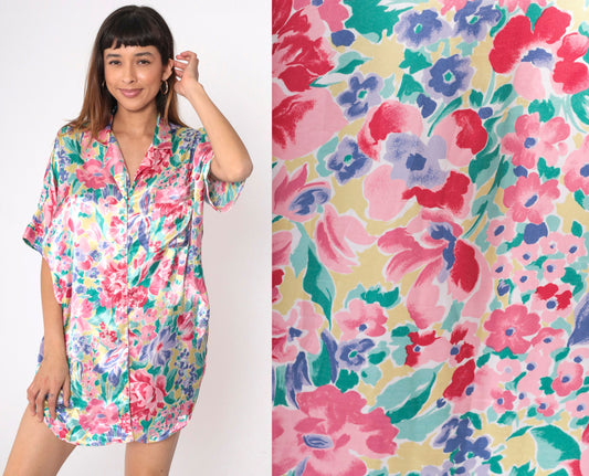 90s Nordstrom Floral Satin Nightgown Mini Button-Up Short Sleeve Multicolor Large