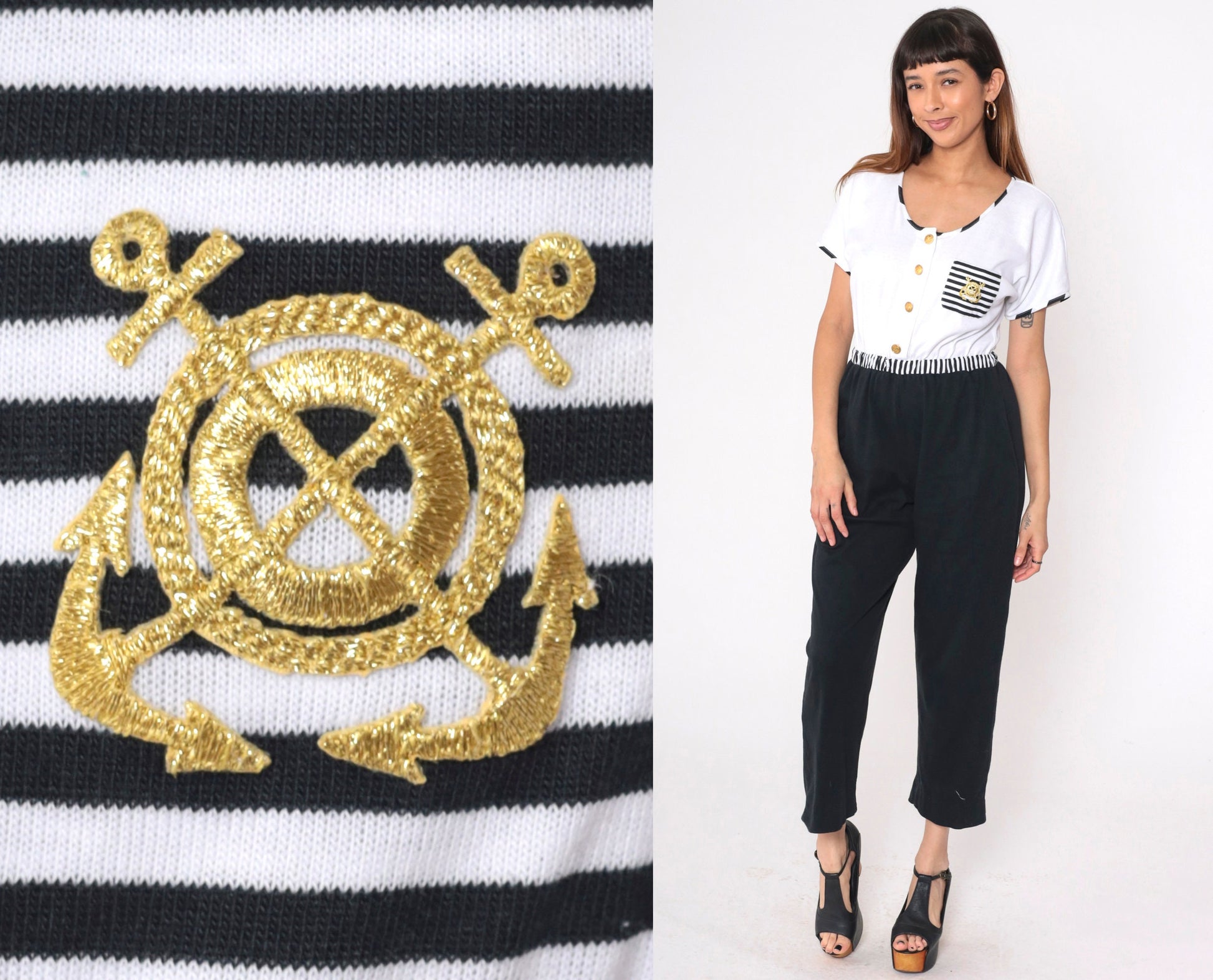 80s Dotti Nautical Jumpsuit Black White Striped Anchor Embroidered Medium