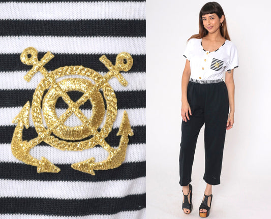 80s Dotti Nautical Jumpsuit Black White Striped Anchor Embroidered Medium