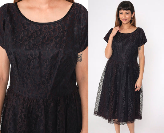 1960s Brown Lace Dress Tea Length High Waist Short Sleeve Black Lining Large L