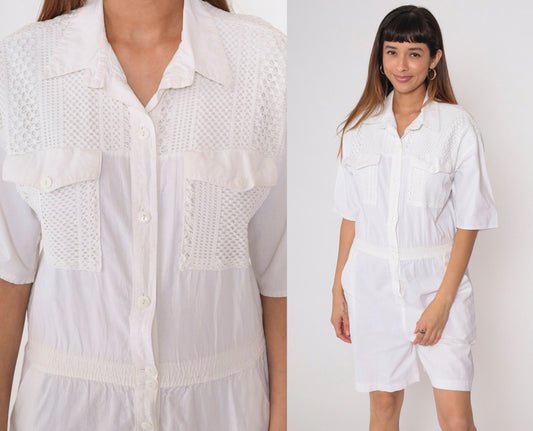 80s White Cotton Mesh Romper Button-Up Playsuit Short Sleeve Medium
