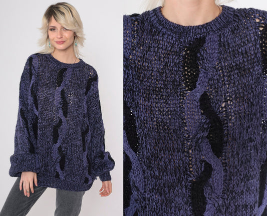 90s Purple Cable Knit Sweater Black Flecked Crewneck Pullover Men's Large L