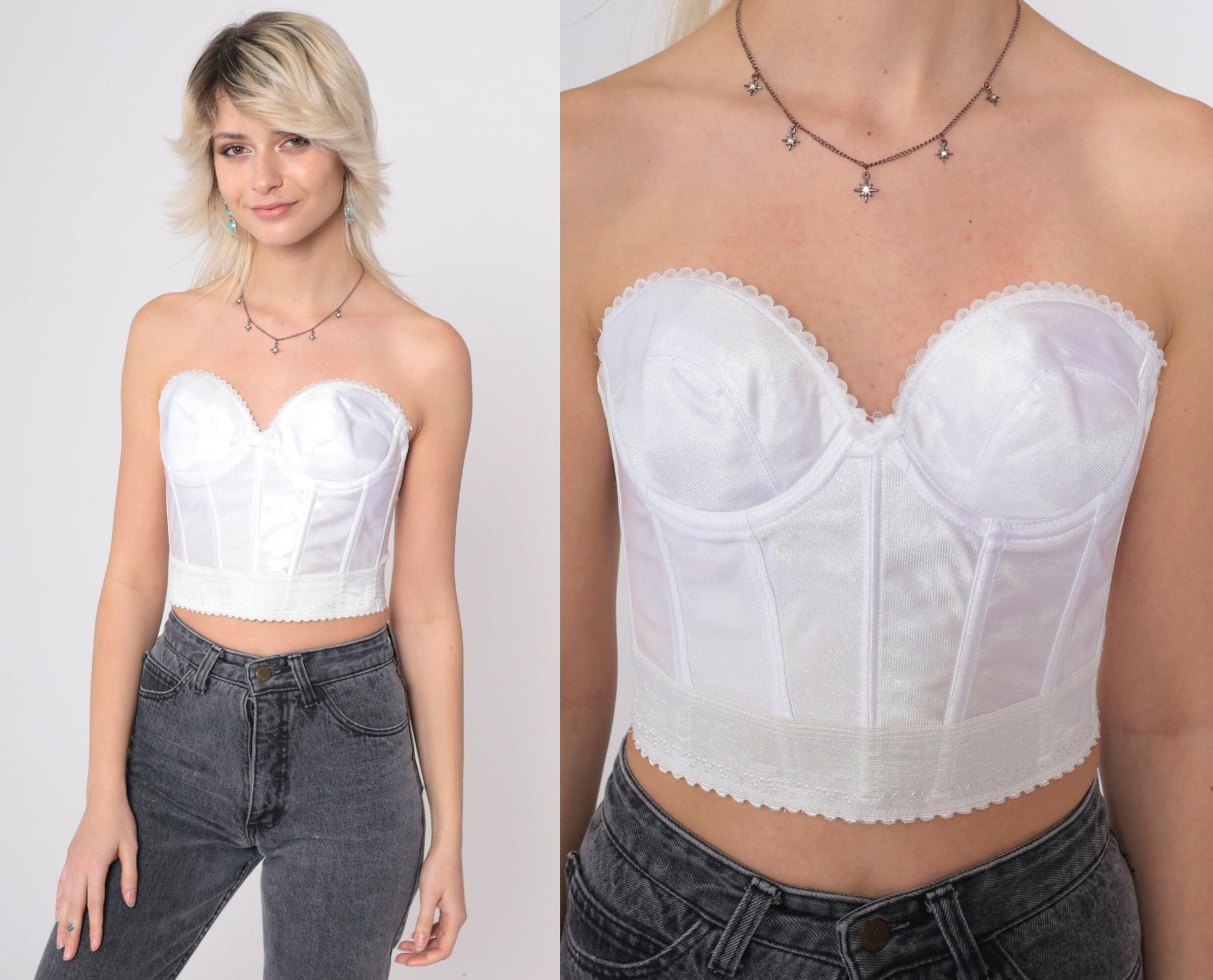 90s White Bustier Strapless Underwire Sweetheart Neckline Crop Top 36A