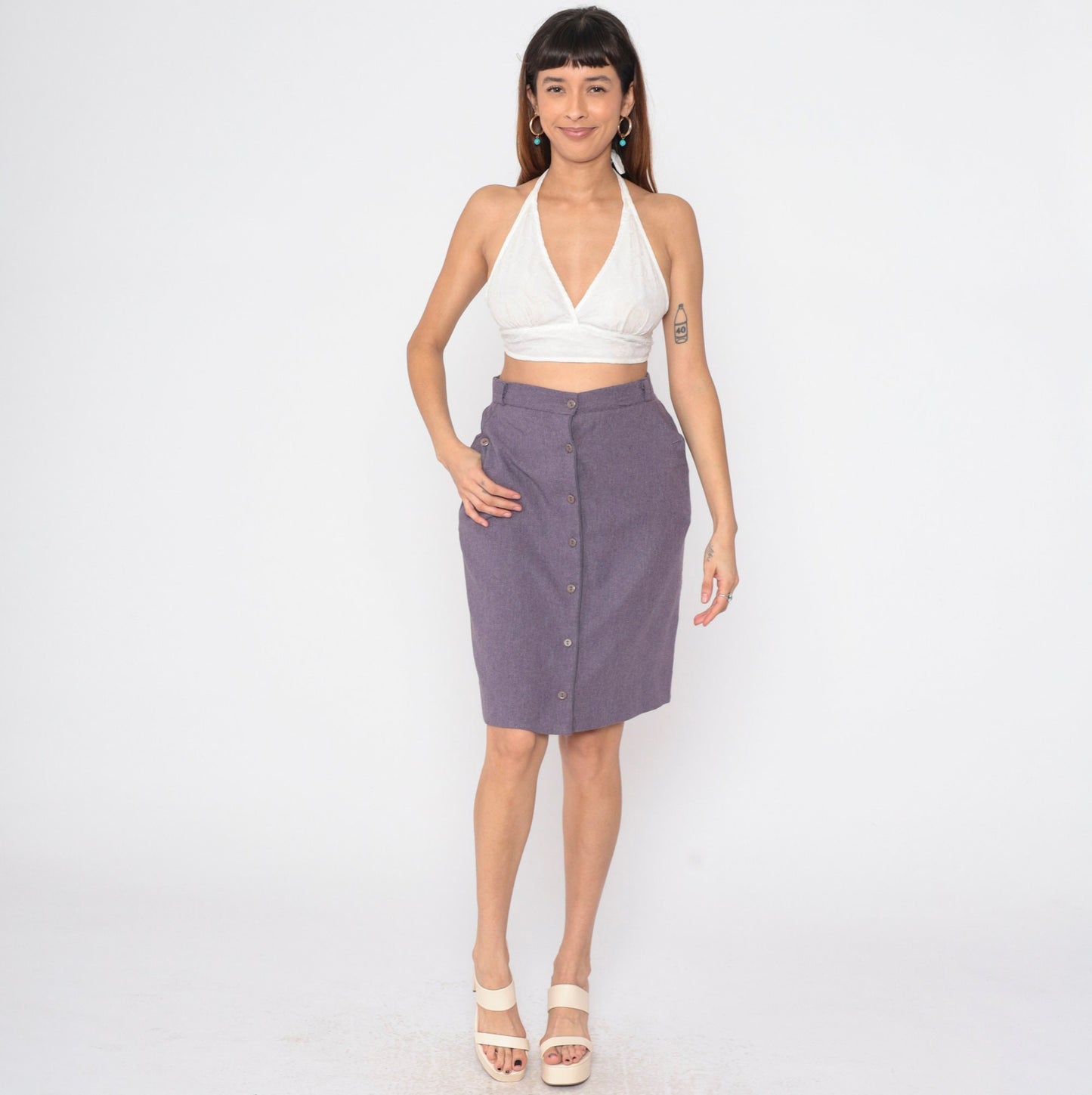 80s Purple Button-Front Pencil Skirt High Waist Knee Length Medium