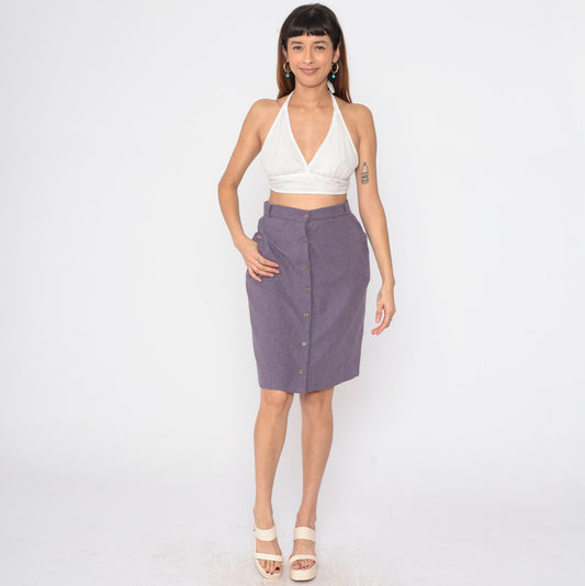 80s Purple Button-Front Pencil Skirt High Waist Knee Length Medium