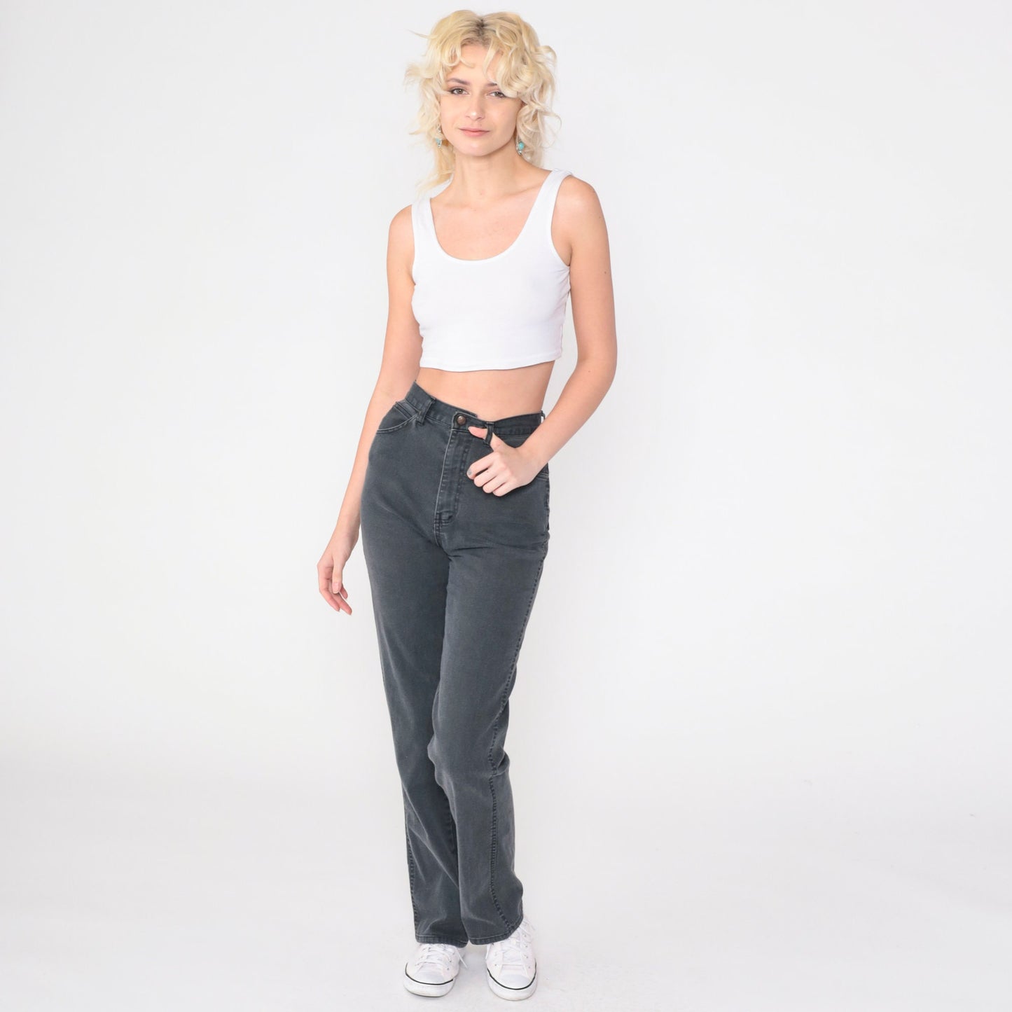 90s Black High-Waist Slim Straight Jeans Faded Denim Small 27