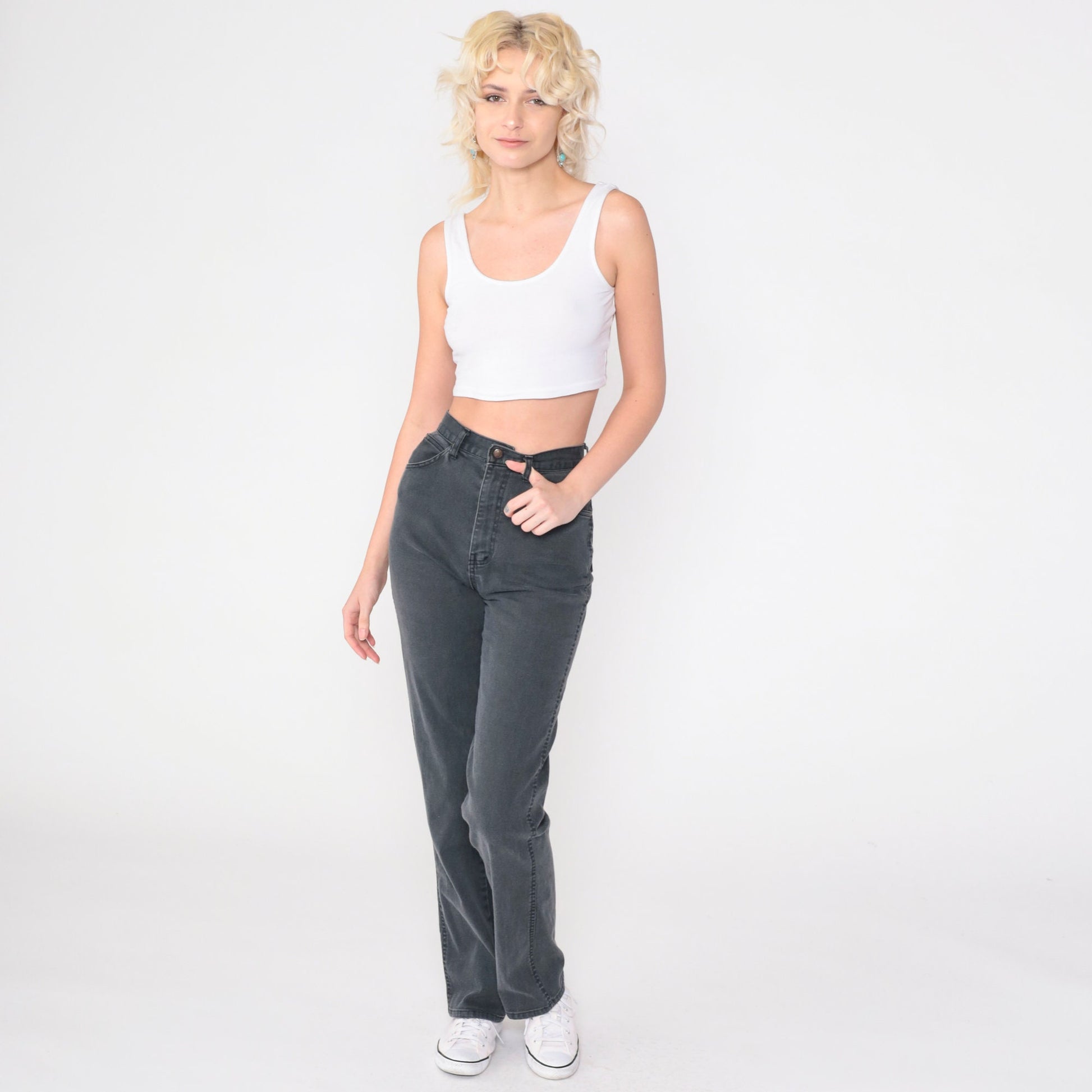 90s Black High-Waist Slim Straight Jeans Faded Denim Small 27