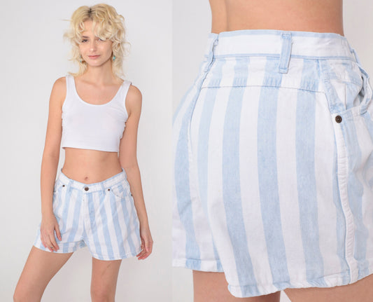 90s Striped Denim Shorts White Blue High Waisted Jean Shorts Medium