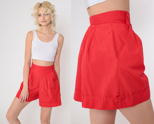 80s Red Pleated High-Waisted Shorts Paper Bag Yoke Button Side Small