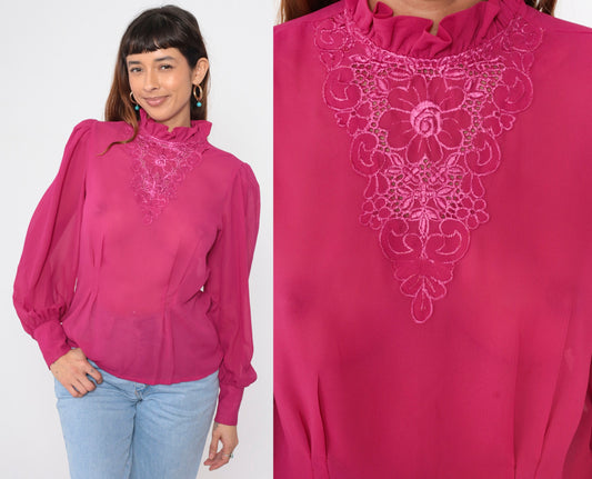 80s Fuchsia Embroidered Chiffon Blouse Puff Sleeve Floral Cutout Medium