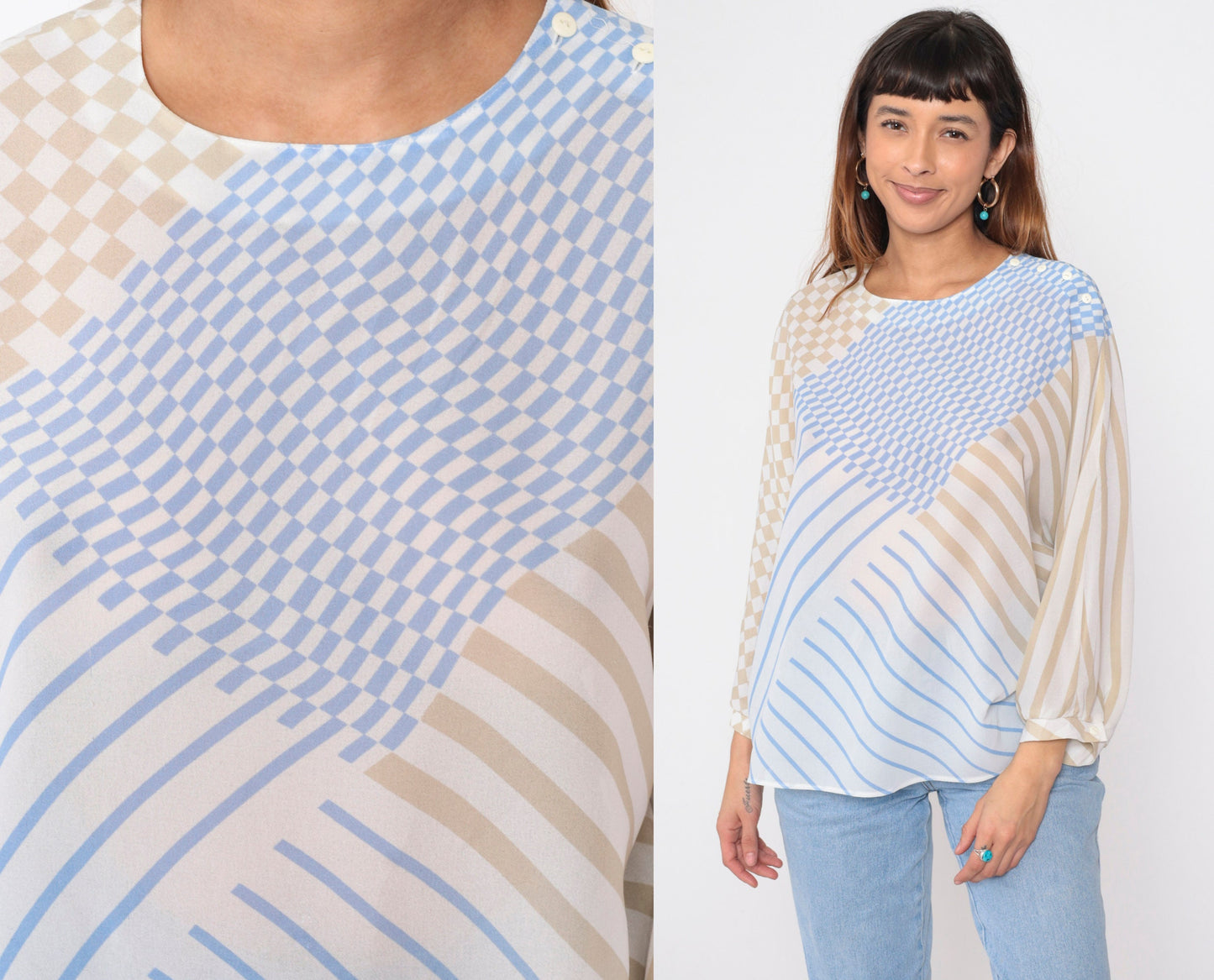 80s Frankenwalder Sheer Checkered Striped Blouse Long Sleeve Button Shoulder Blue White Taupe Extra Large