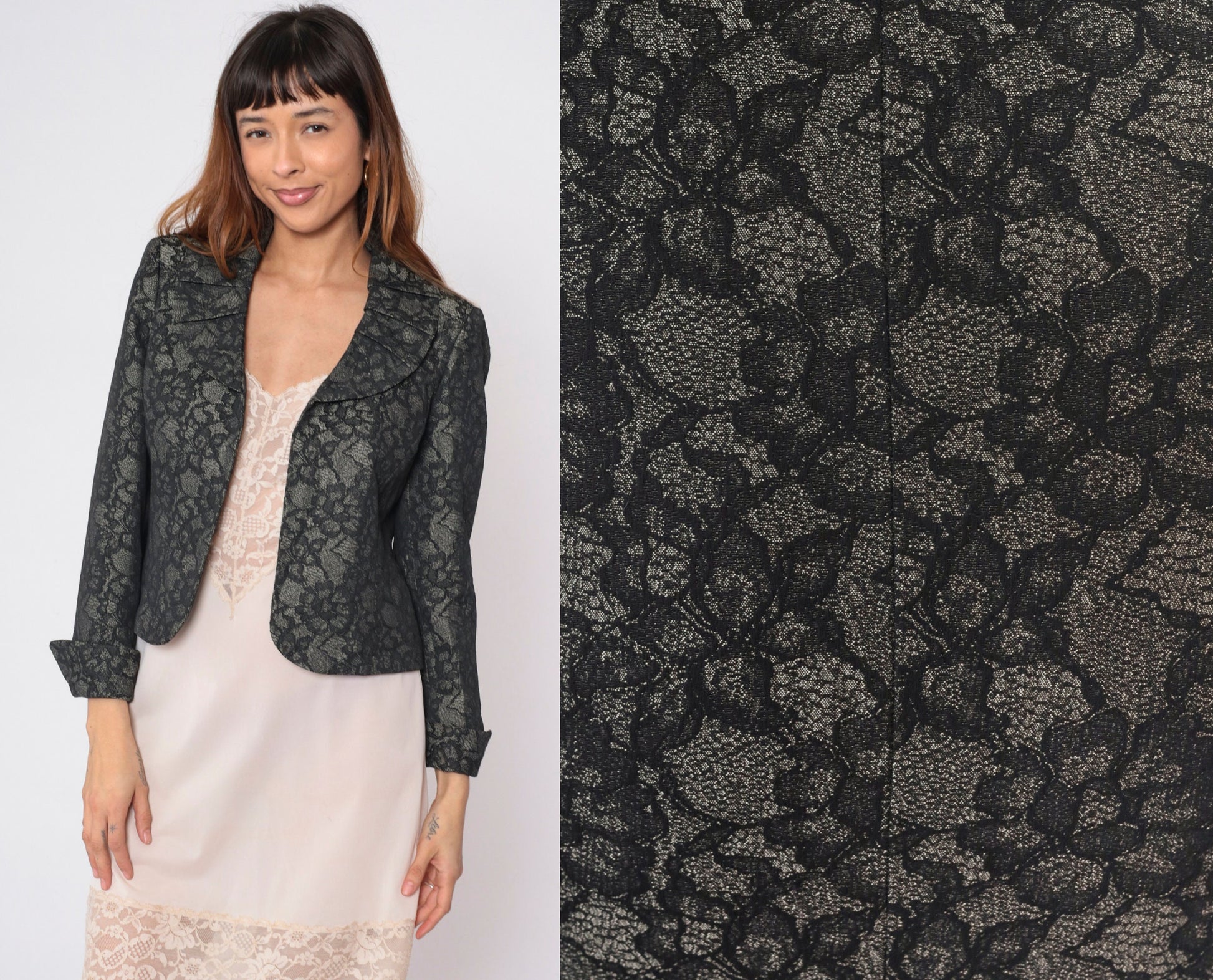 80s Le Suit Floral Lace Cropped Blazer Grey Pleated Collar Medium