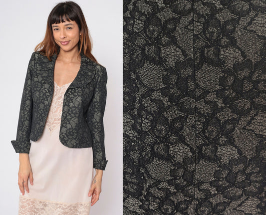 80s Le Suit Floral Lace Cropped Blazer Grey Pleated Collar Medium
