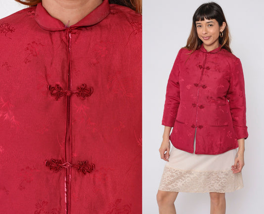 80s Red Floral Asian-Inspired Jacket Quilted Down-Fill Knot Buttons Small