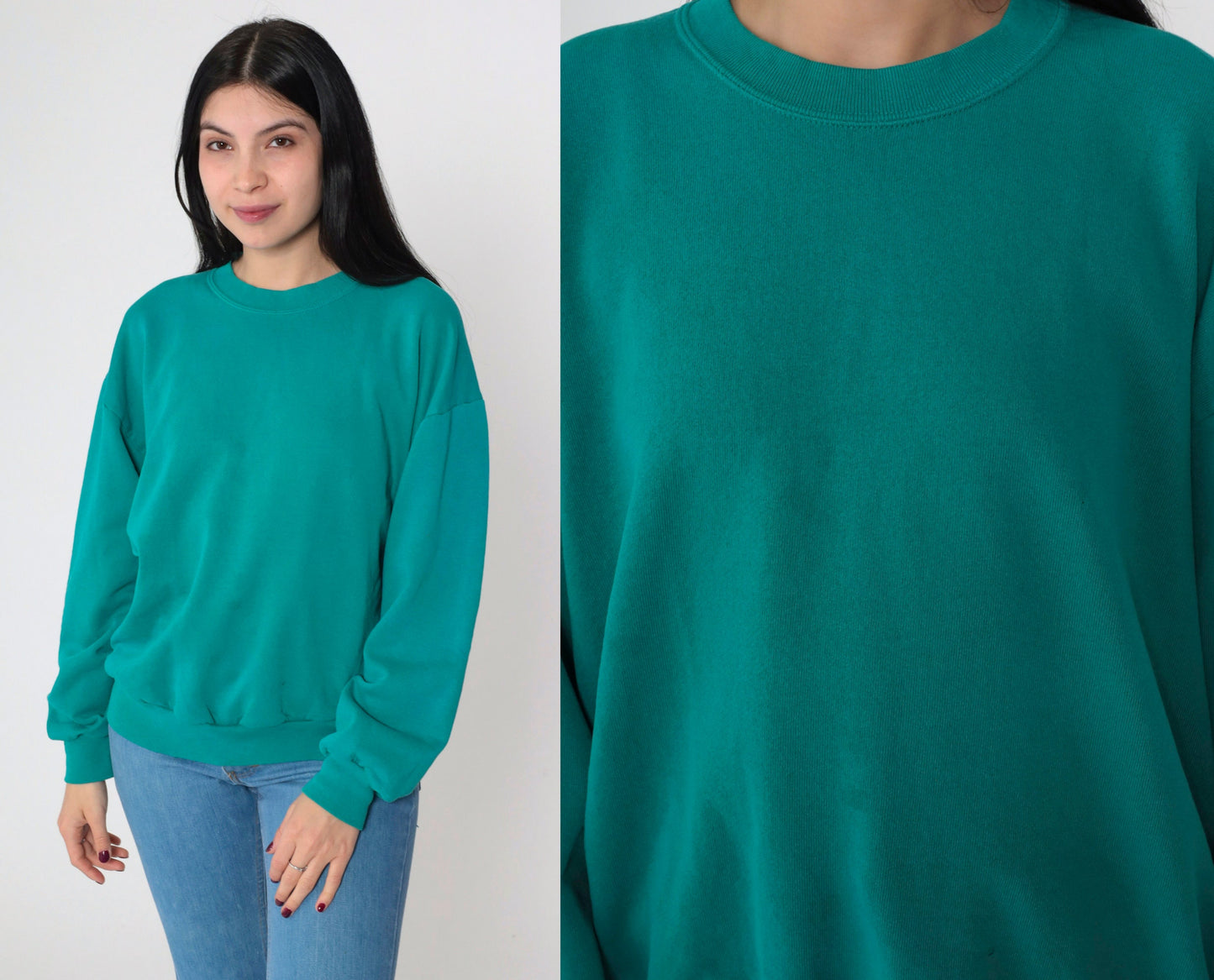 90s Teal Crewneck Sweatshirt Plain Long Sleeve Pullover Large