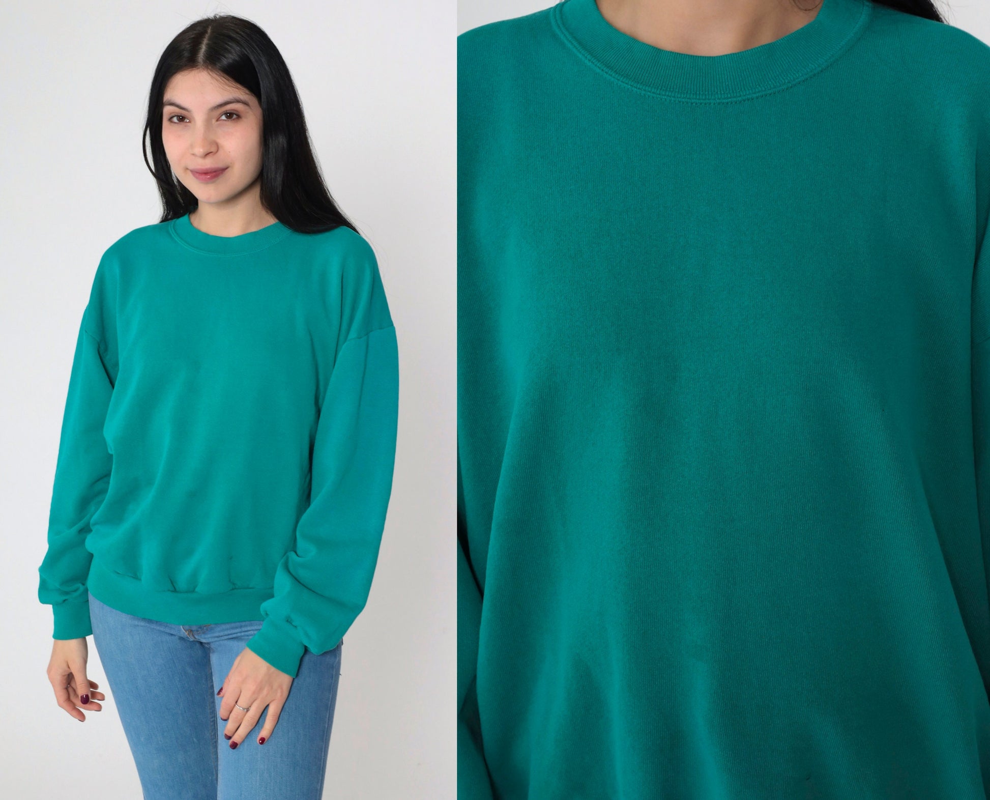 90s Teal Crewneck Sweatshirt Plain Long Sleeve Pullover Large