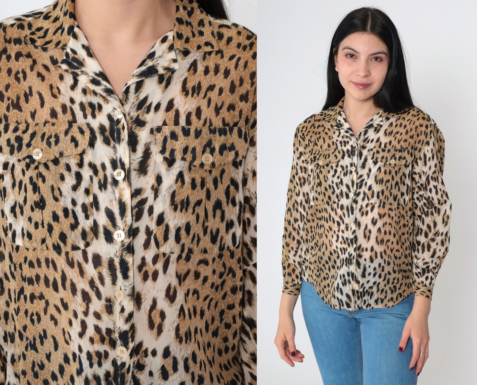 90s Leopard Print Button-Up Blouse Long Sleeve Semi-Sheer Small