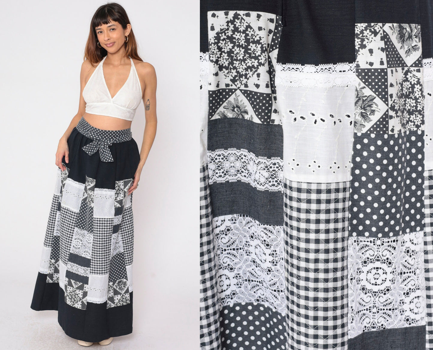 70s Patchwork Wrap Skirt Black White Maxi Eyelet Lace Gingham Polka Dot Medium Large