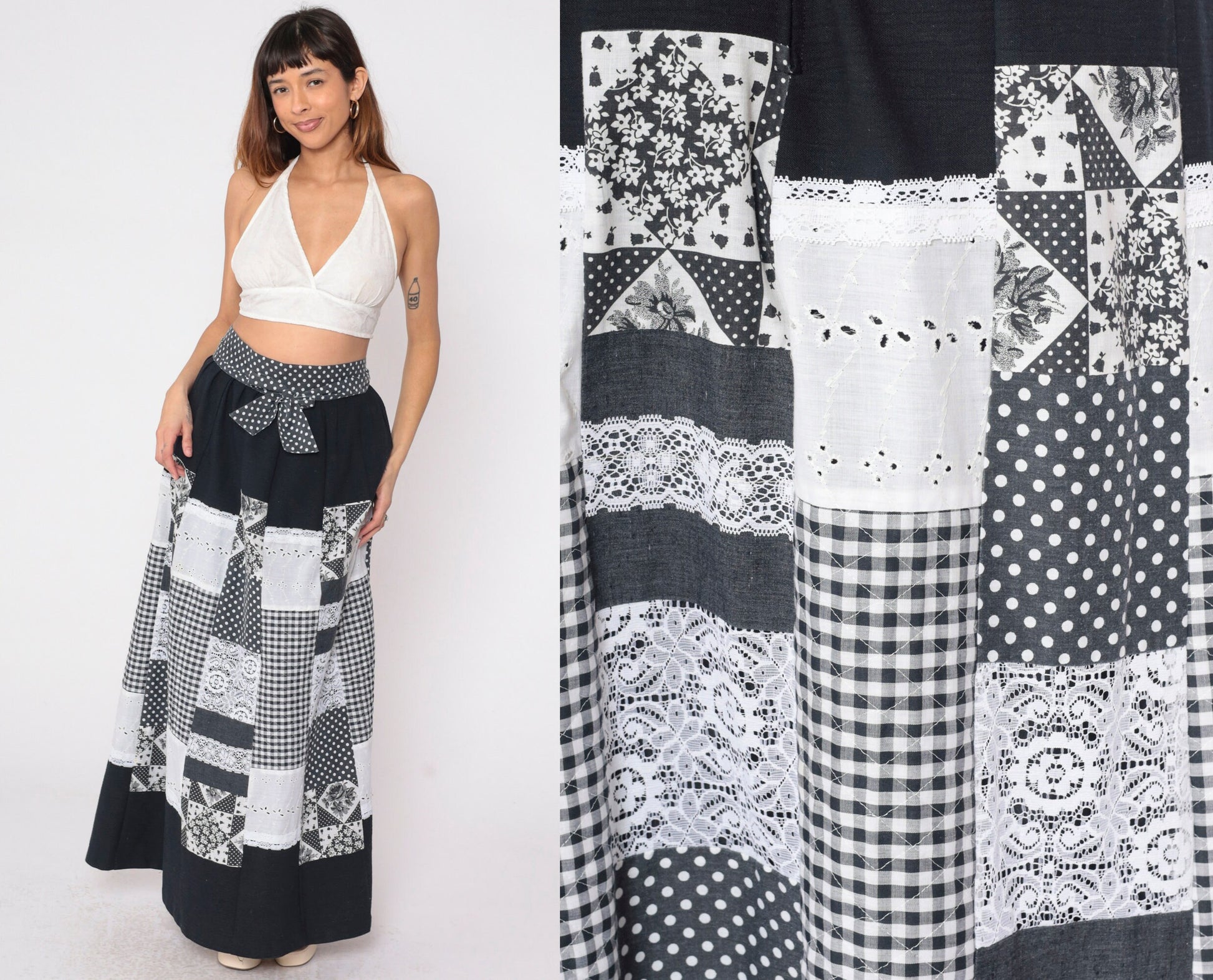 70s Patchwork Wrap Skirt Black White Maxi Eyelet Lace Gingham Polka Dot Medium Large