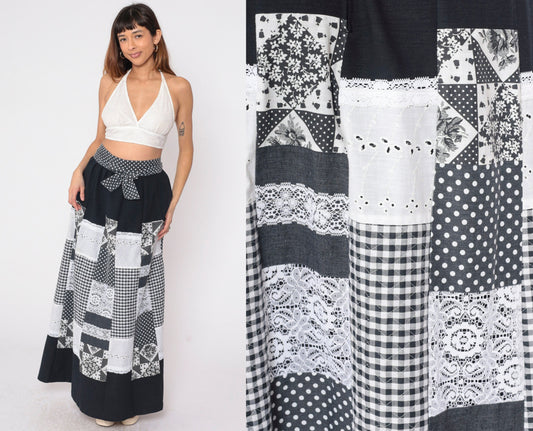 70s Patchwork Wrap Skirt Black White Maxi Eyelet Lace Gingham Polka Dot Medium Large