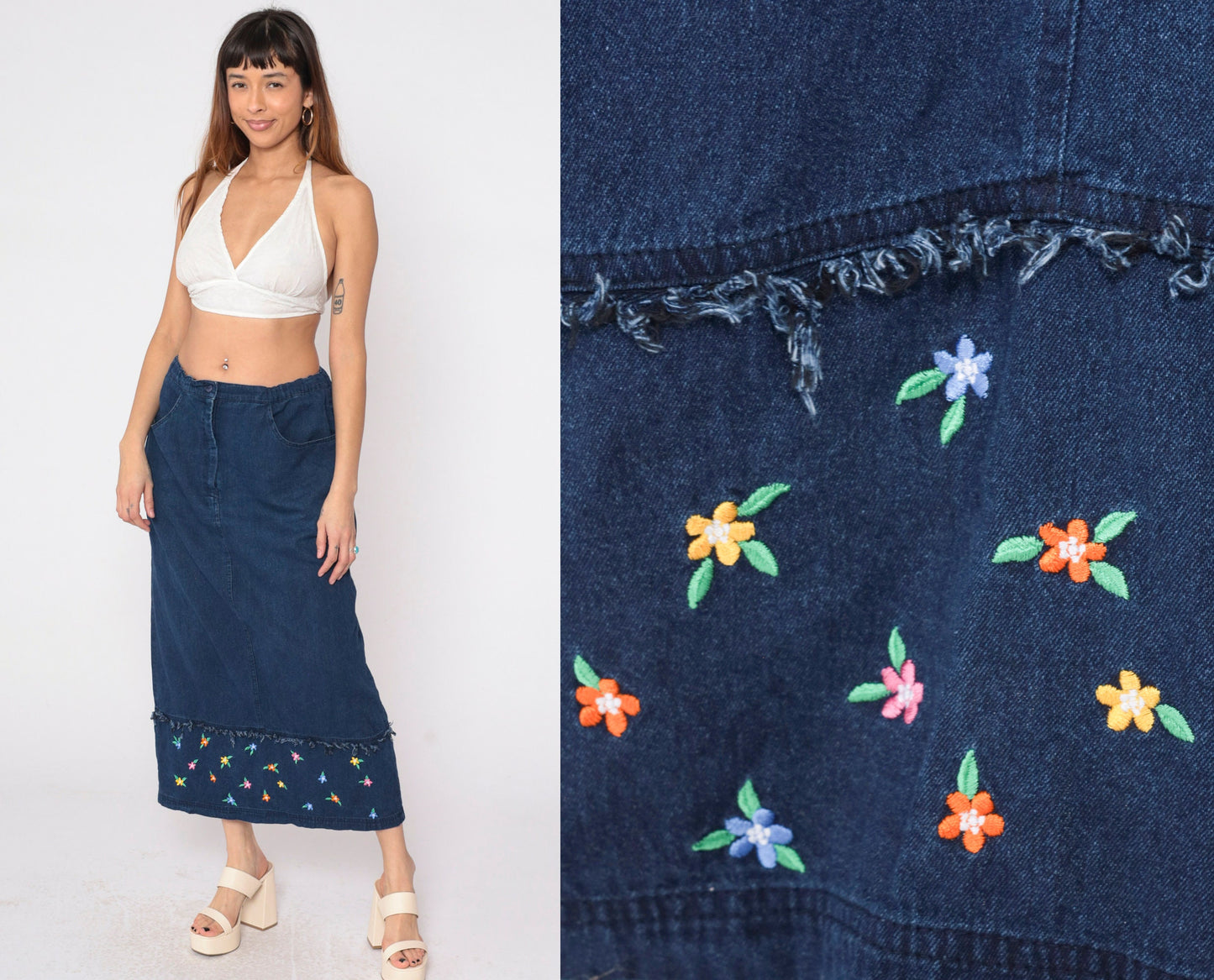 00s Samantha Edwards Denim Maxi Skirt Floral Embroidered Dark Wash Large