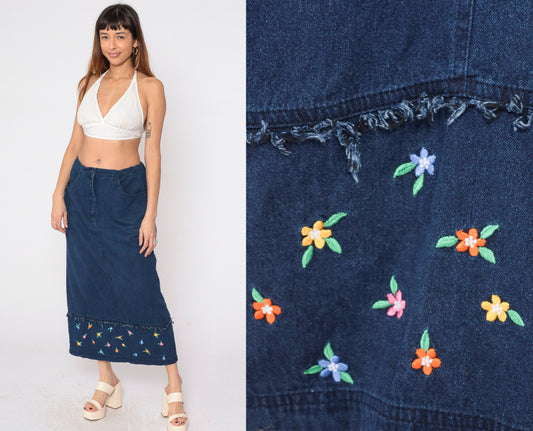 00s Samantha Edwards Denim Maxi Skirt Floral Embroidered Dark Wash Large