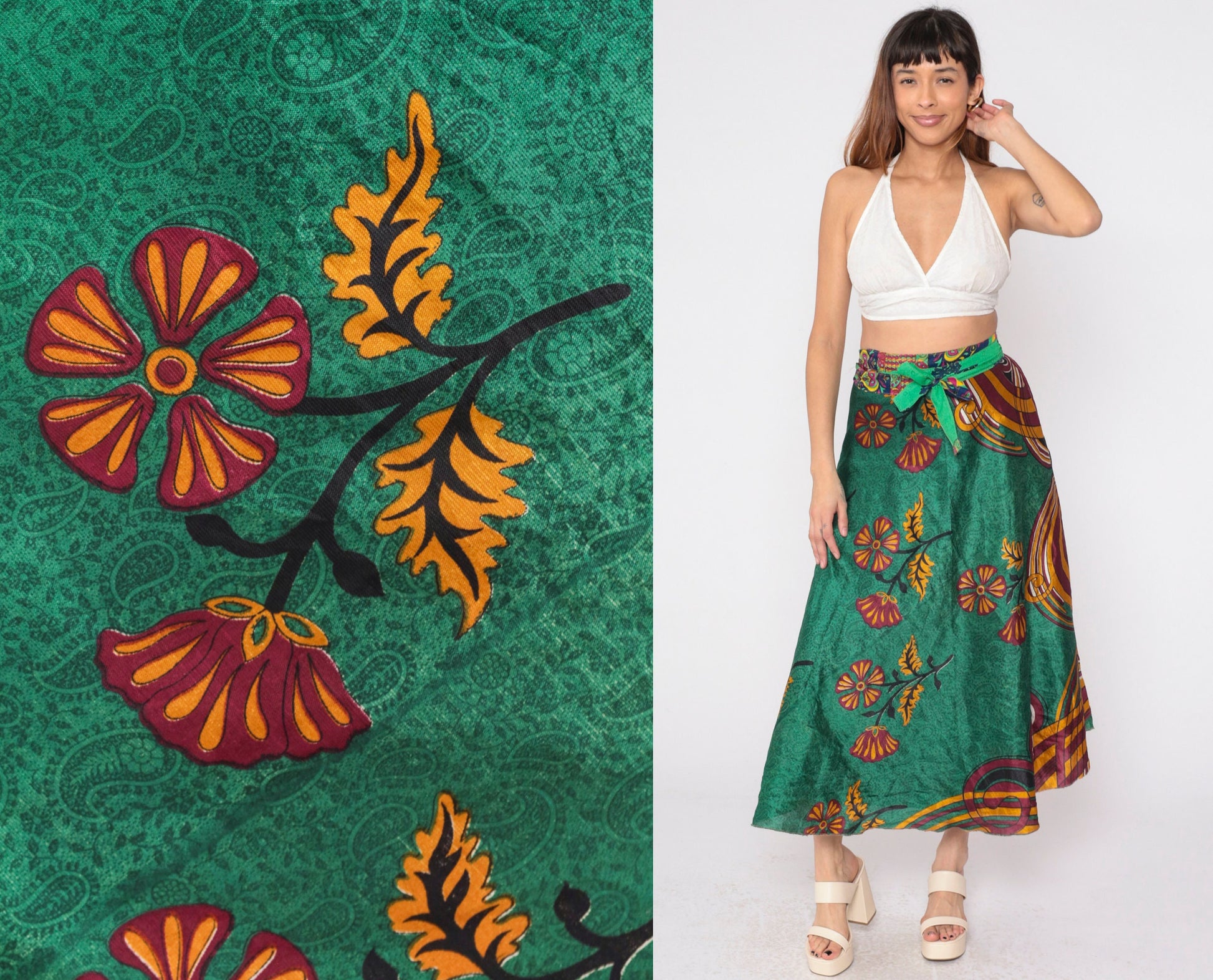 Y2K Reversible Wrap Midi Skirt Green Floral Paisley Print 00s Small Medium Large