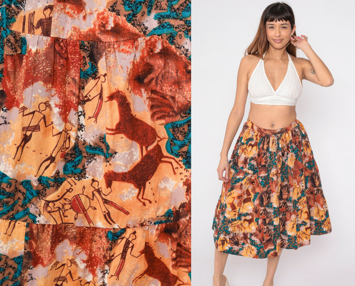 90s Tie Dye Petroglyph Tiered Midi Skirt High Waist Multicolor Cotton Medium M