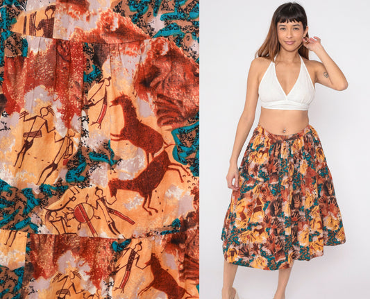 90s Tie Dye Petroglyph Tiered Midi Skirt High Waist Multicolor Cotton Medium M