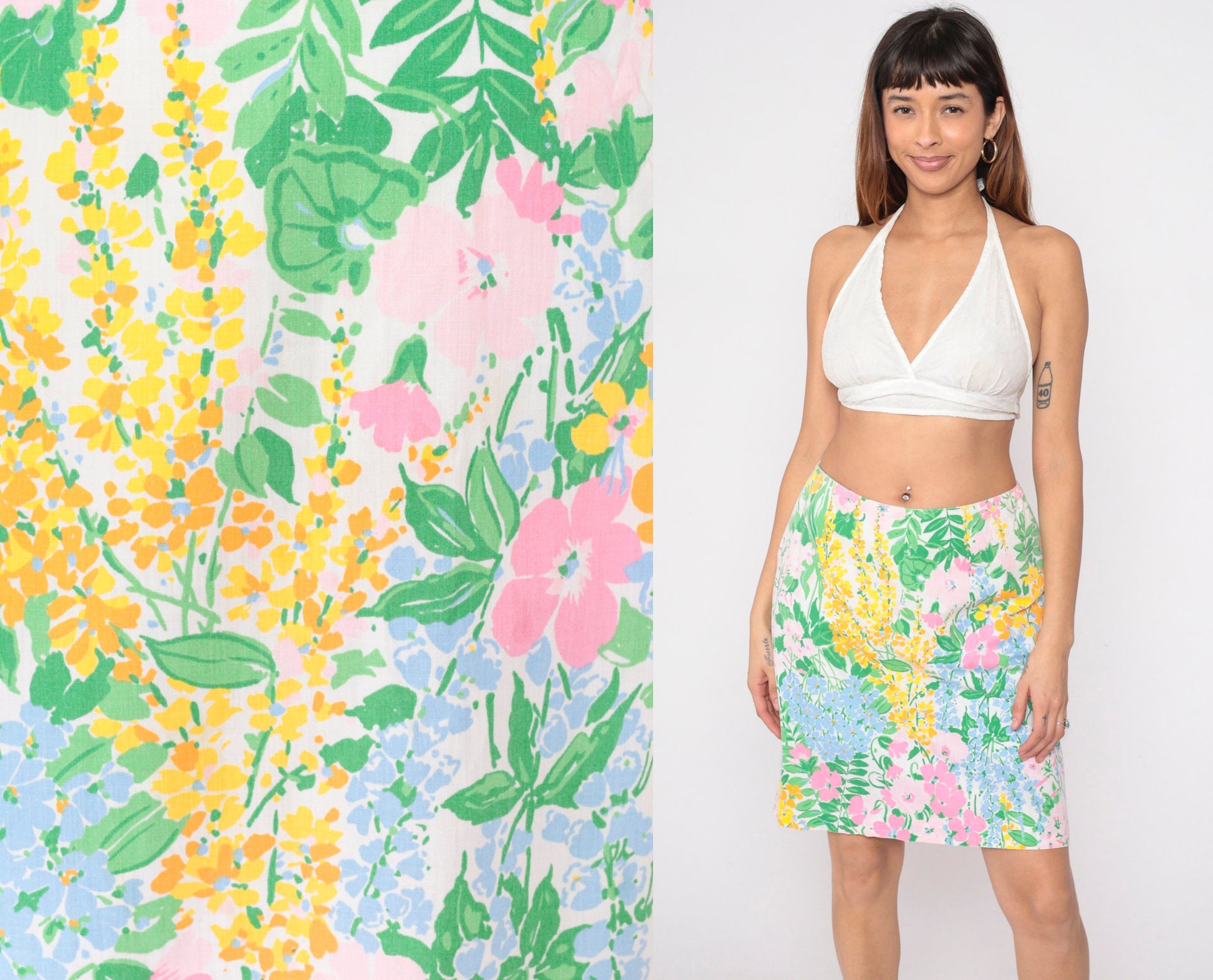80s Floral Mini Skirt High Waisted Pencil Cut Built-In Shorts Medium