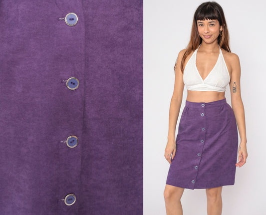 80s Purple Mini Skirt High Waisted Button Front Pencil Small S
