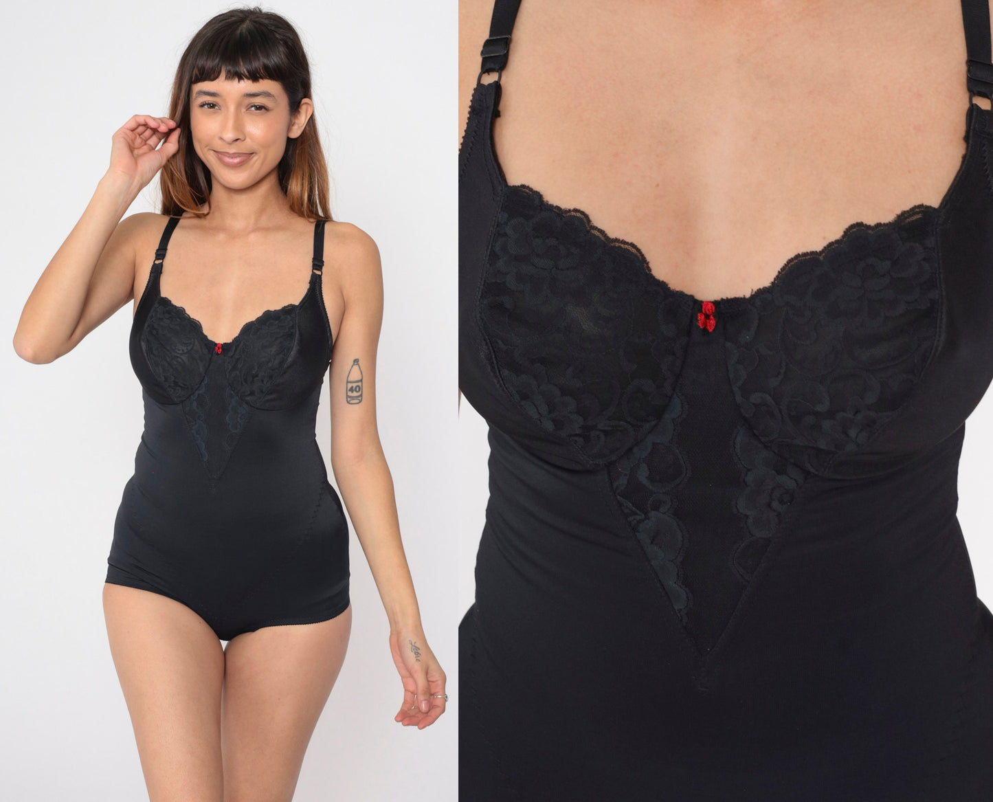 80s Black Lace Shapewear Bodysuit Girdle Underwire Spaghetti Strap 36B