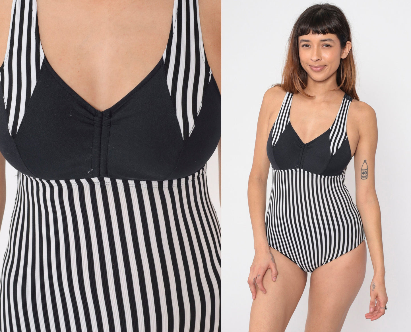 90s Black White Striped One-Piece Swimsuit V-Neck Low Cut Small