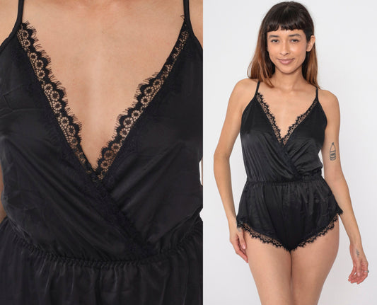 Y2K Black Eyelash Lace Teddy Romper Wrap V-Neck Peekaboo Back Medium M