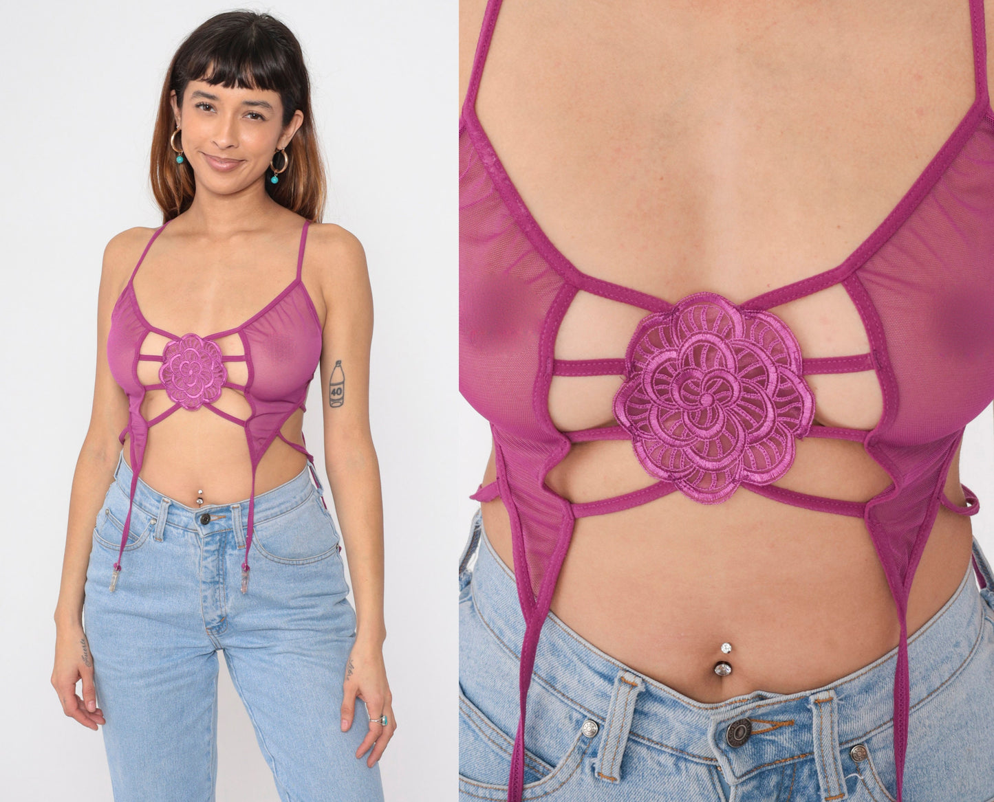 00s Shirley of Hollywood Purple Mesh Bustier Bralette Cage Back Garter Straps Small Medium