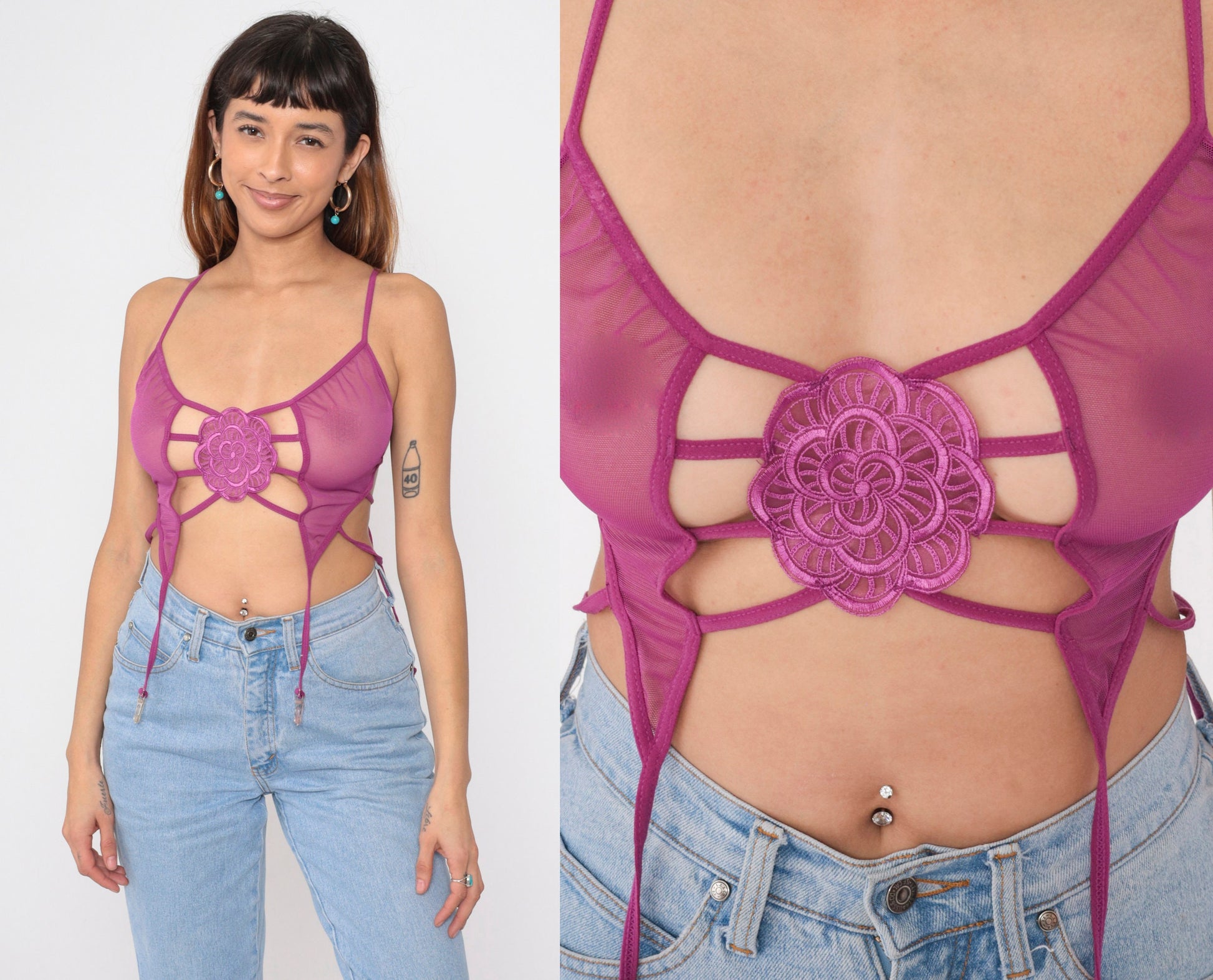 00s Shirley of Hollywood Purple Mesh Bustier Bralette Cage Back Garter Straps Small Medium