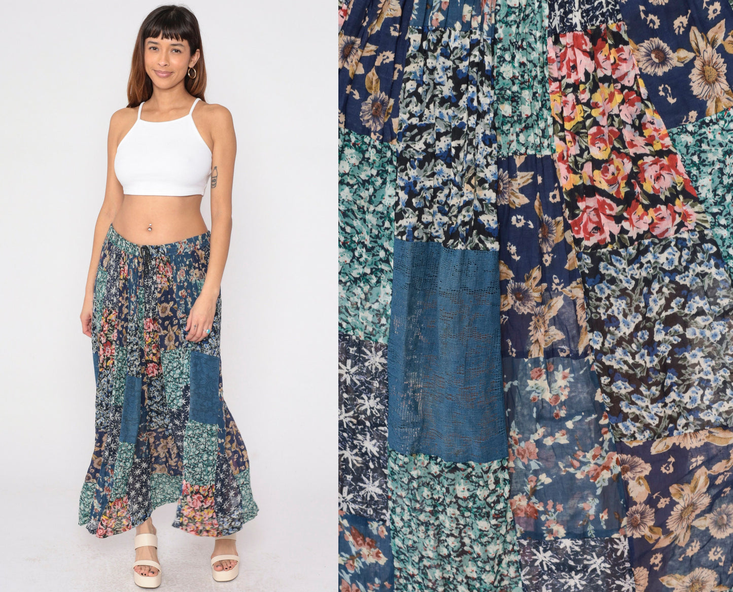 90s Patchwork Floral Maxi Skirt Blue Drawstring Rayon Medium M