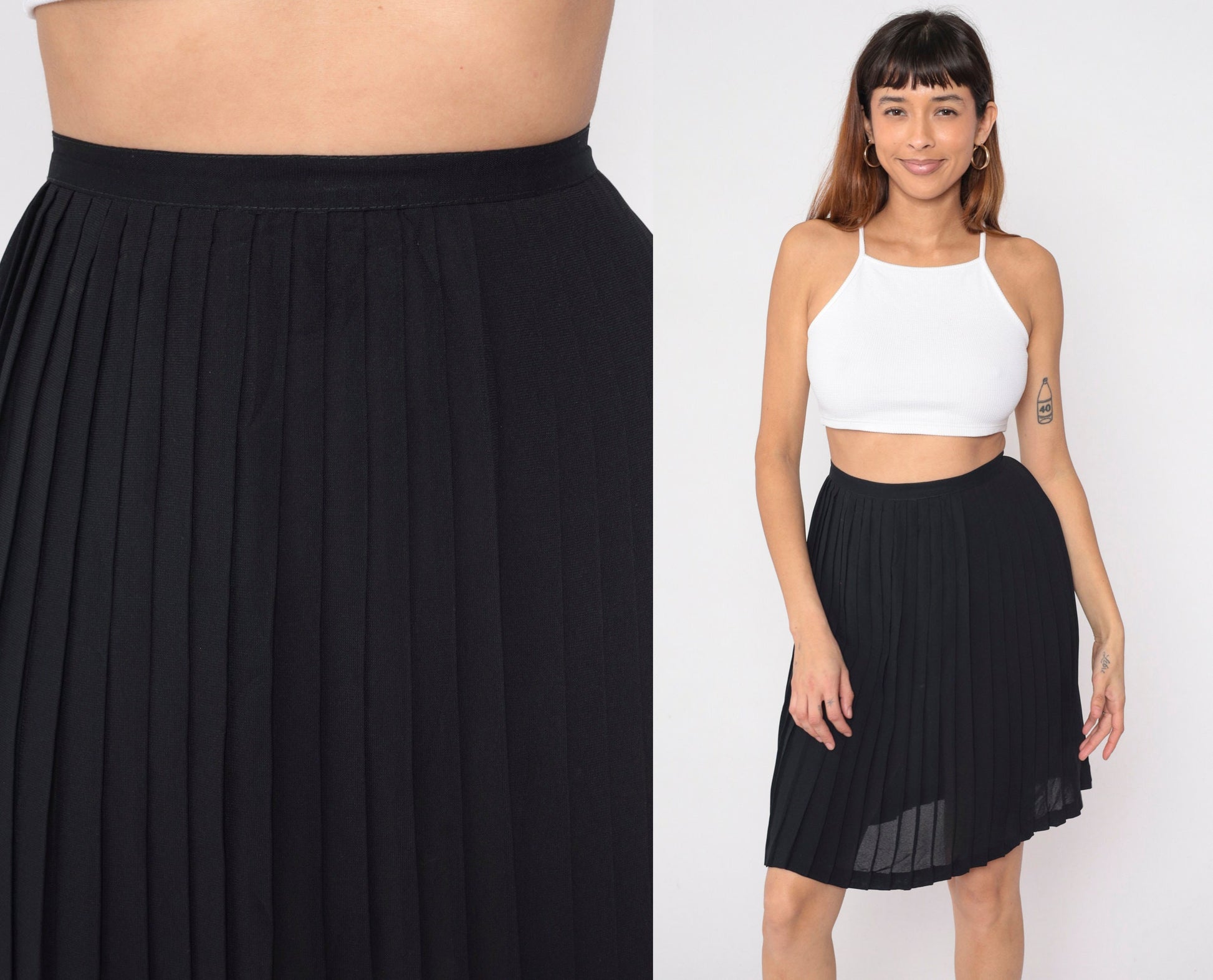 60s Black Pleated Mini Skirt High Waist Semi-Sheer Extra Small XS